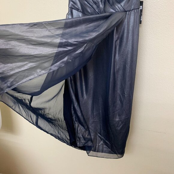 Vera Wang Satin Chiffon Halter V Neck Cocktail Dress Size 6 Navy Metallic - Picture 5 of 11